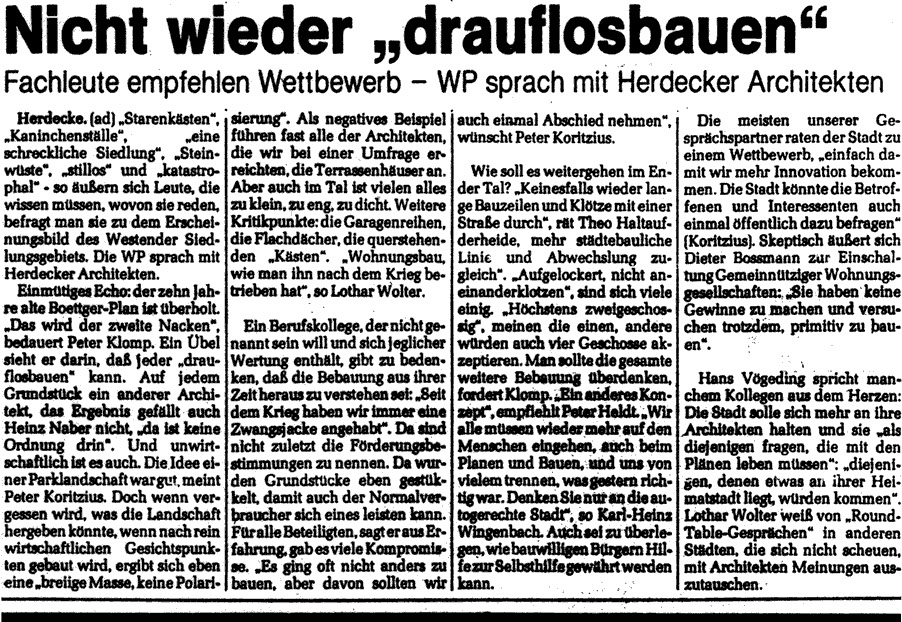 Nicht wieder "drauflosbauen". Fachleute empfelen Wettbewerb - WP sprach mit Herdecker Architekten. 6.11.1981